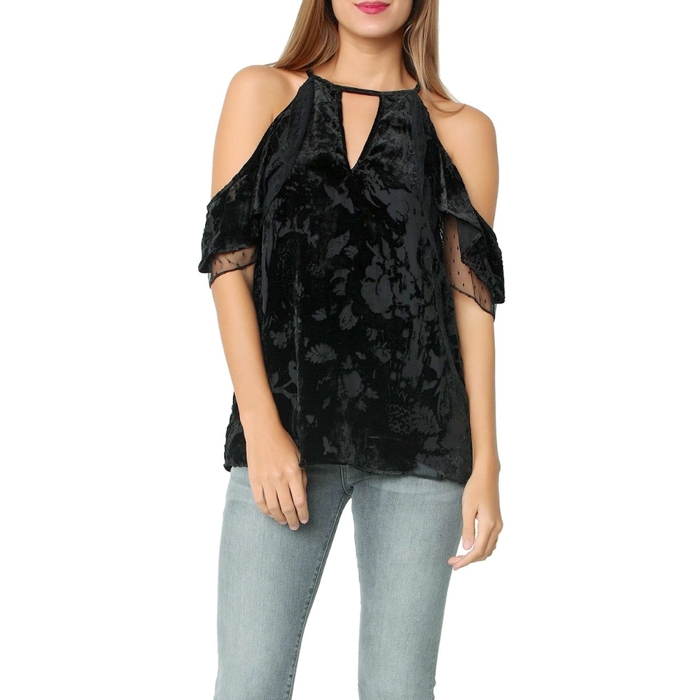 Parker Chloe Combo Top Cold Shoulder Floral Velvet Velour Keyhole Blouse